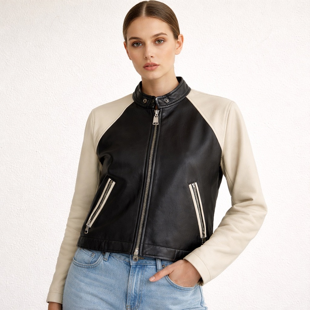 Coach Women's Black & Beige Sheep Leather Bomber Jacket Colorblock XS